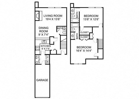 Floor plan for 2 beds, 2.5 baths, 1275 sqft